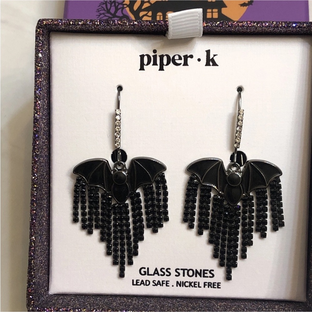 Piper K Silver Tone & Black Enamel Bat Drop Earrings Glass Crystal Fringe NIB
